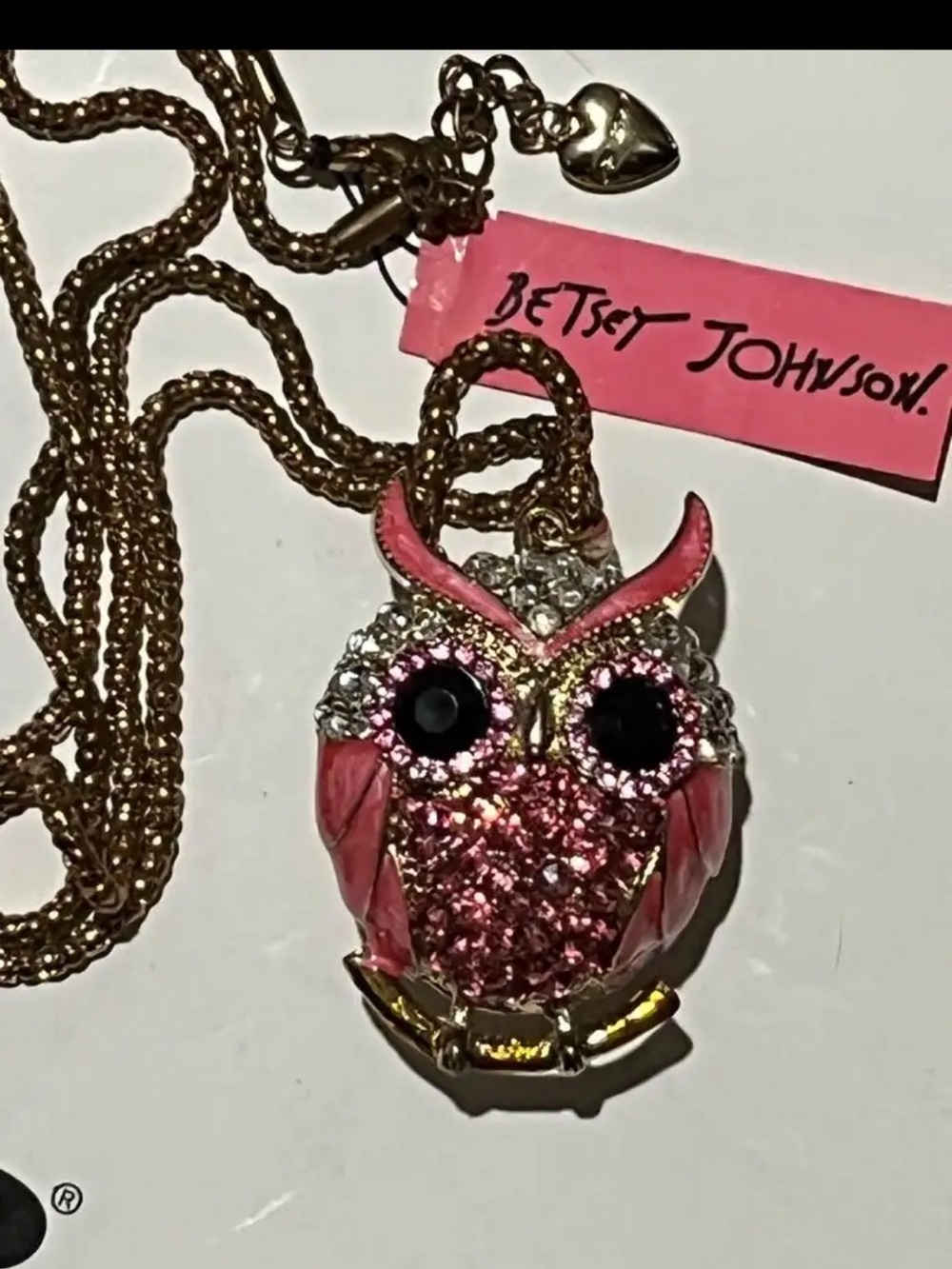 Betsey Johnson Pink Crystal Owl Pendant Necklace on Goldtone Chain